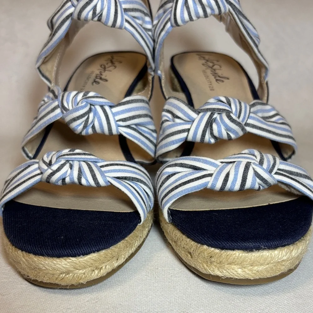 Life Stride Navy and White Striped Wedge Sandals, chambray, NWOT, size 11